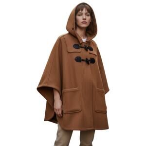 Coach Wool Blend Hooded Duffle Cape Coat Toggle Camel Brown Size M/L